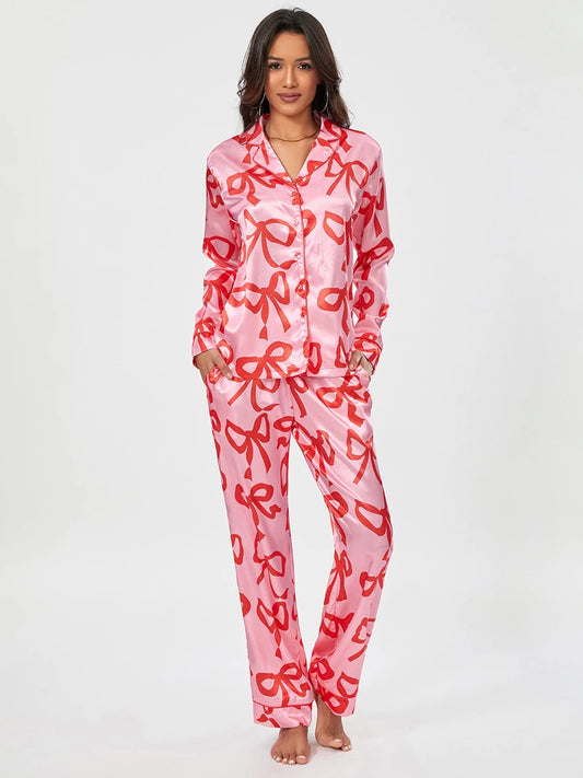 Women s 2 Piece Pajama Set Long Sleeve Lapel Button Up Shirt Tops Bow Print Pants Sleepwear Sets