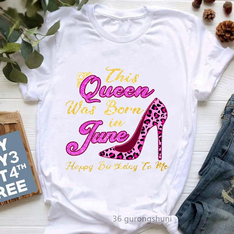 This Queen Was Born In October Graphic Print T Shirt Girls Leopard Shoe Happy Birthday Tshirt Women Harajuku Shirt Streetwear
