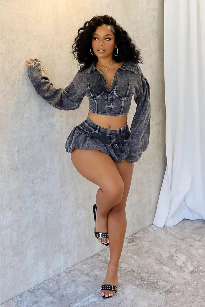 Women 2 Piece Outfits Tracksuit Long Sleeve Washed V-Neck Crop Tops and Bubble Mini Skirts 2024 Fall Active Two Piece Skort Set
