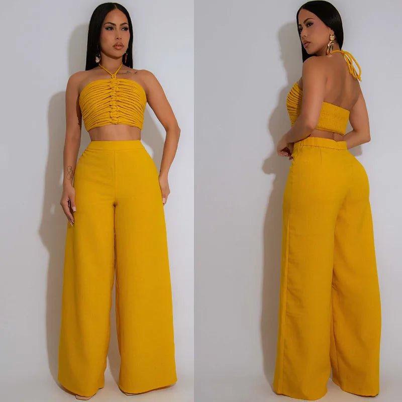Sexy Night Club Outfits for Women Two Piece Set Elegant Halter Backless Strapless Crop Top and Wide Leg Pants Matching Sets Rave