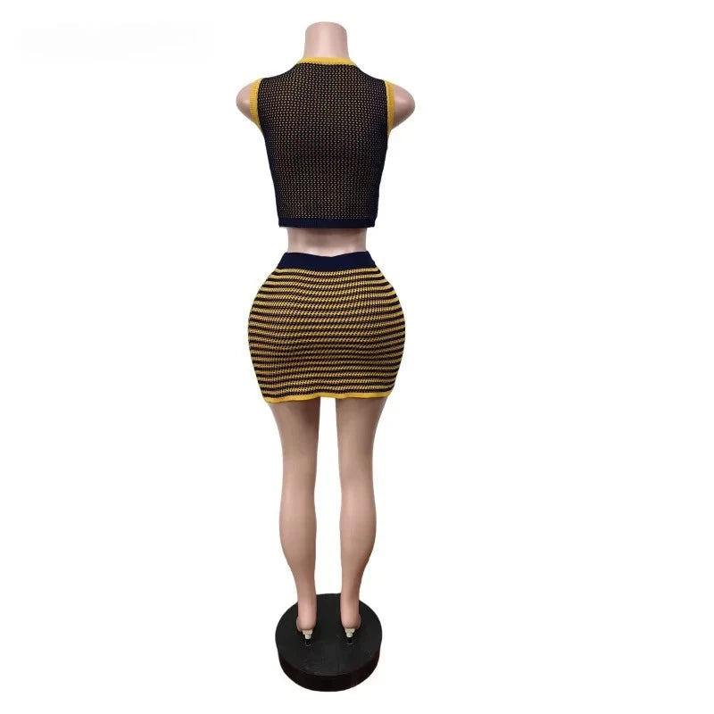 BWQ Knit Ribbed Women's Set Star Sleeveless Tank Tops and Striped Bodycon Midi Mini Skirts Suit 2025 Two 2 Piece Sets Outfit