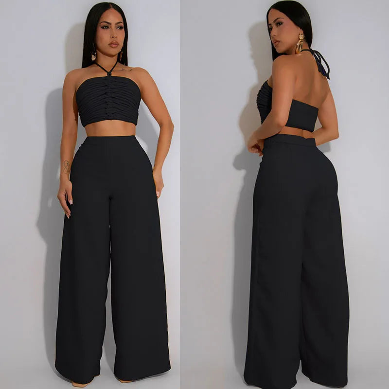 Sexy Night Club Outfits for Women Two Piece Set Elegant Halter Backless Strapless Crop Top and Wide Leg Pants Matching Sets Rave