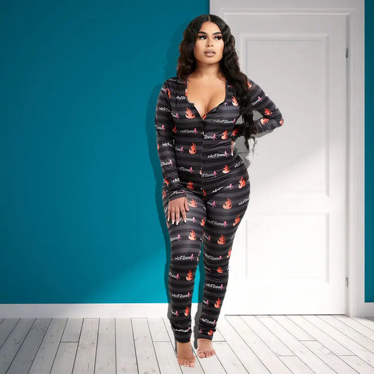 Onesie Women Fashion Love Heart Print Button Women Jumpsuit Sexy V-Neck Winter Long Sleeve Pijamas Valentines Day Gift Sleepwear