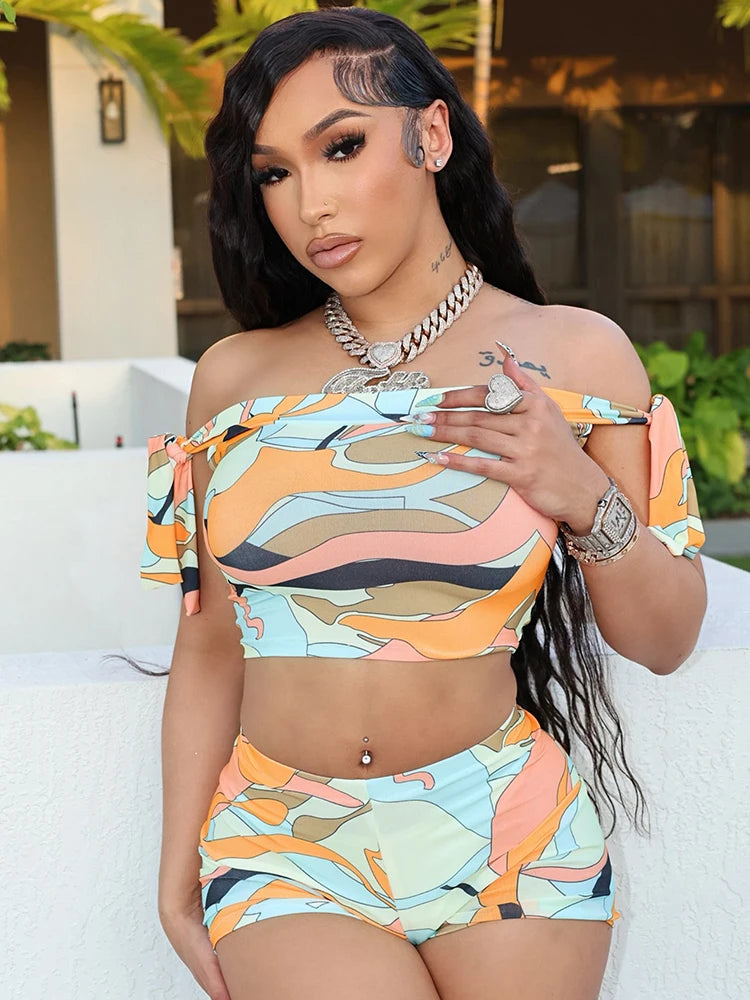 Whatiwear Colorful Print 2 Piece Set Women Bandage Shoulder Straps Crop Tops+Stretch Shorts Vacation Trend Beach Party Outfits