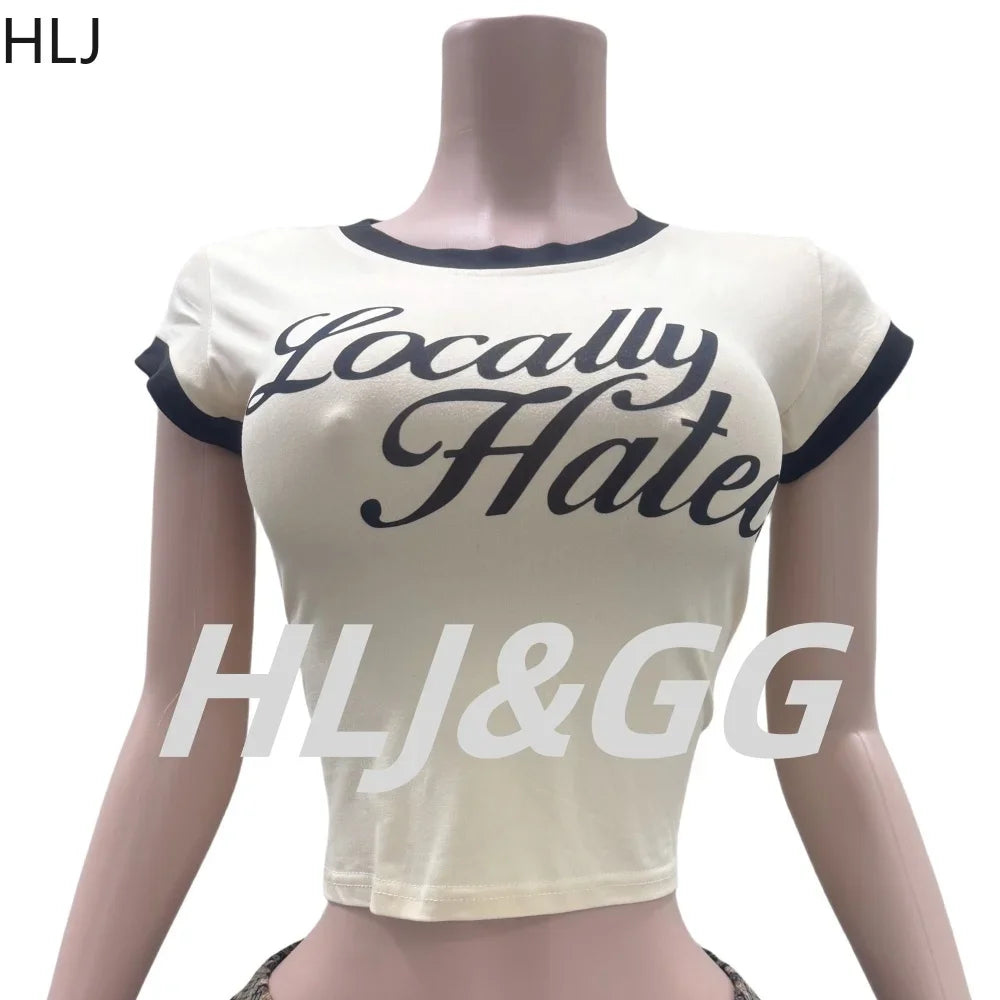 HLJ&GG Y2K Fashion Letter Harajuku Tshirts Two Piece Sets Women O Neck Short Sleeve Crop Top And Leopard Sequin Shorts Outfits