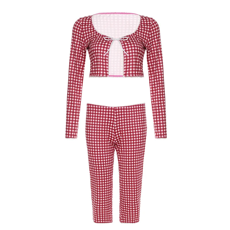 BIIKPIIK Plaid Casual 2 Piece Suits For Women Long Sleeve Lace-up Crop Top Lace Patchwork Middle Pants Spring Summer Pants Sets