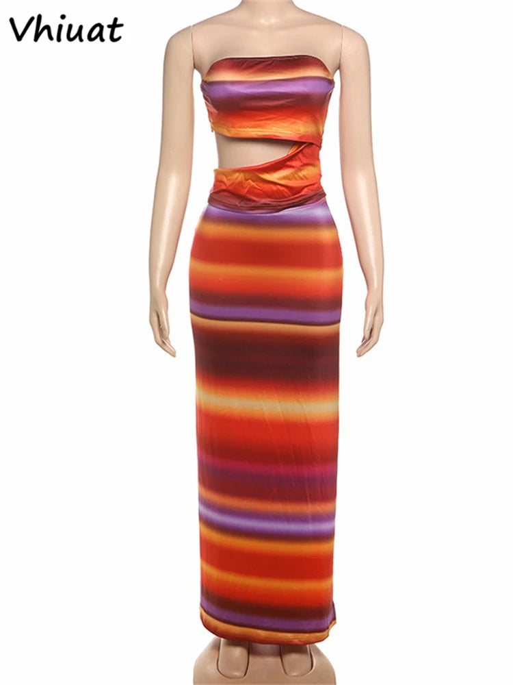 Vhiuat Gradient 2 Piece Matching Sets Hollow Out Cropped Tops+Bodycon Long Skirt Women Summer 2025 Beach Party Holiday Outfits
