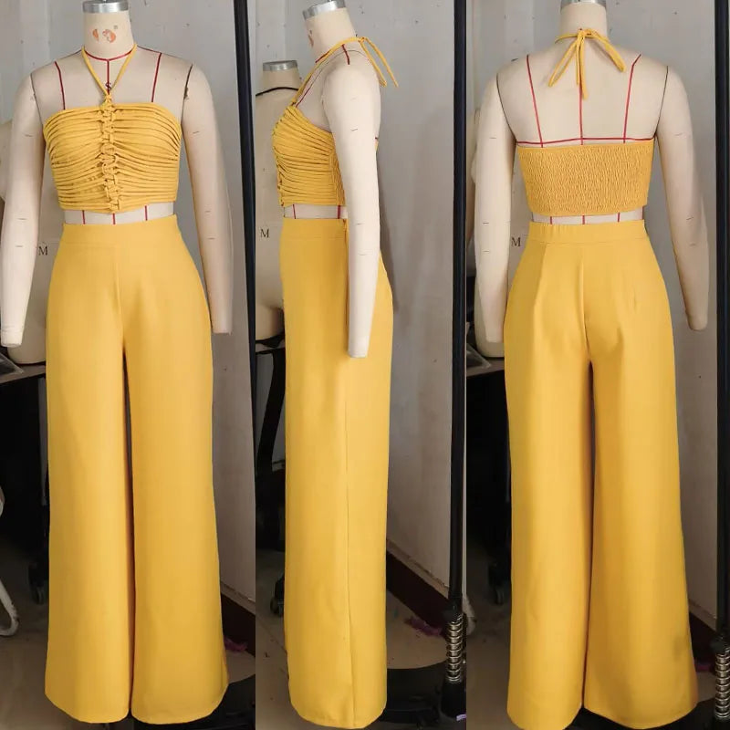Sexy Night Club Outfits for Women Two Piece Set Elegant Halter Backless Strapless Crop Top and Wide Leg Pants Matching Sets Rave