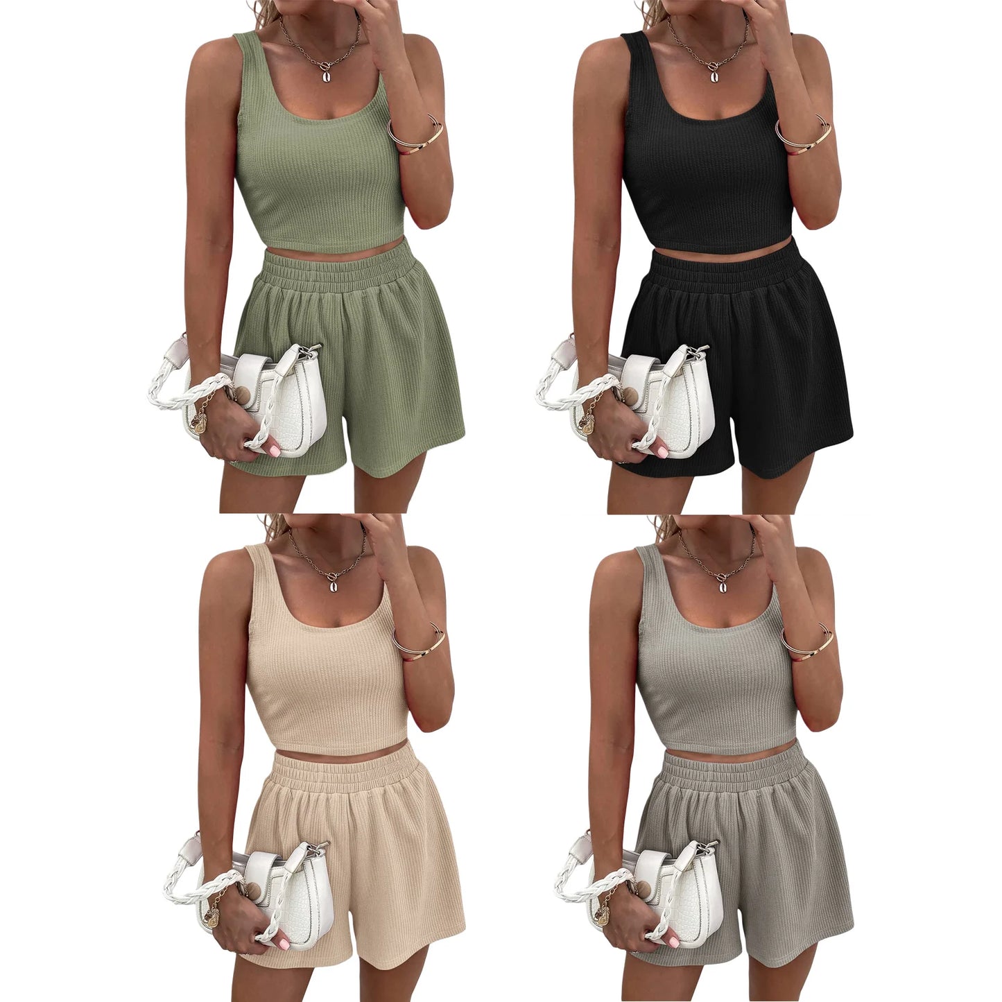 Women's Summer Dailywear 2 Piece Outfits Set Slim Fit Square Neck Crop Tank Tops + Elastic High Waist Wide Leg Shorts Tracksuits