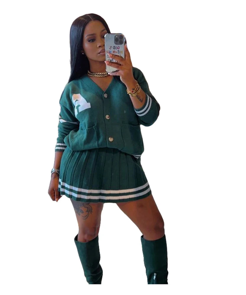Knit Pleated Sweater Skirts 2 Two Piece Set Trendy Women Clothing Striped Letter Button Cardigan With Matching Mini Skirt Sets
