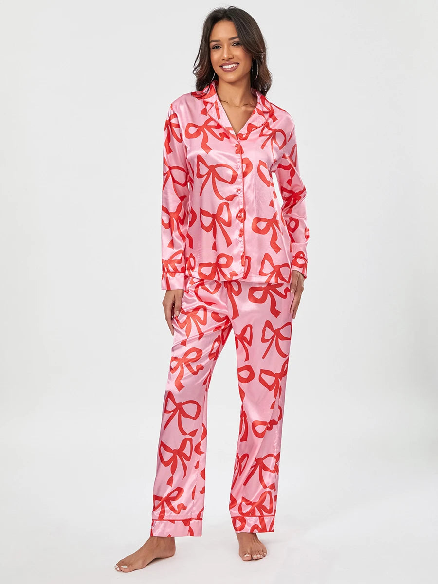 Women s 2 Piece Pajama Set Long Sleeve Lapel Button Up Shirt Tops Bow Print Pants Sleepwear Sets