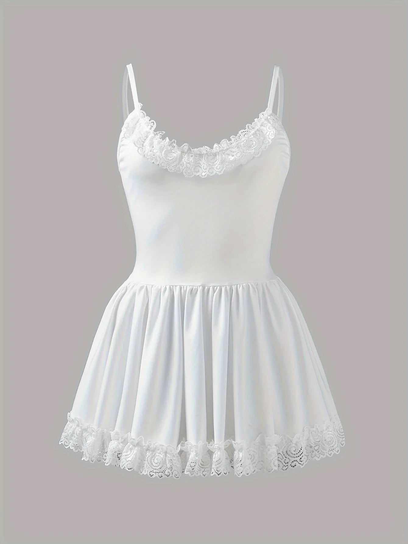 Women Nightdress, Sleeveless Backless Lace Trim Pleated Solid Sleepwear Loungewear