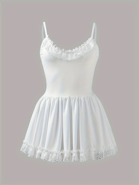 Women Nightdress, Sleeveless Backless Lace Trim Pleated Solid Sleepwear Loungewear