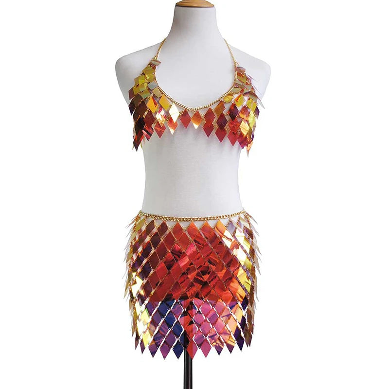 FestivalQueen Women's Sequined Crop Top and Mini Skirt Set Handcrafted Patchwork Party Outfits Clubwear Sexy 2 Pcs
