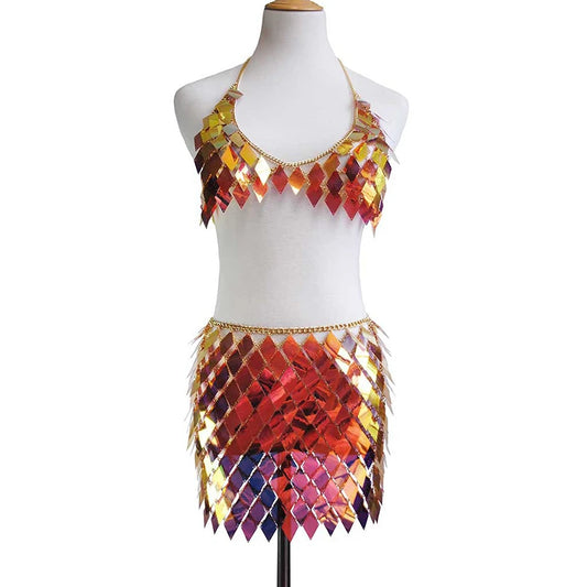 FestivalQueen Women's Sequined Crop Top and Mini Skirt Set Handcrafted Patchwork Party Outfits Clubwear Sexy 2 Pcs