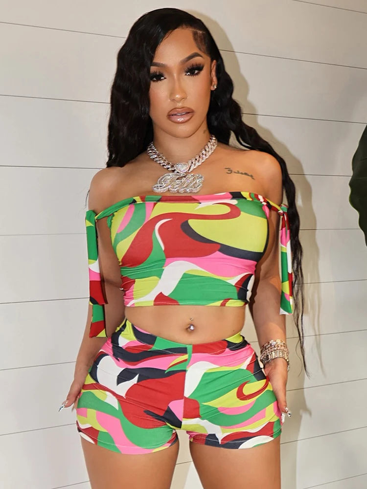 Whatiwear Colorful Print 2 Piece Set Women Bandage Shoulder Straps Crop Tops+Stretch Shorts Vacation Trend Beach Party Outfits