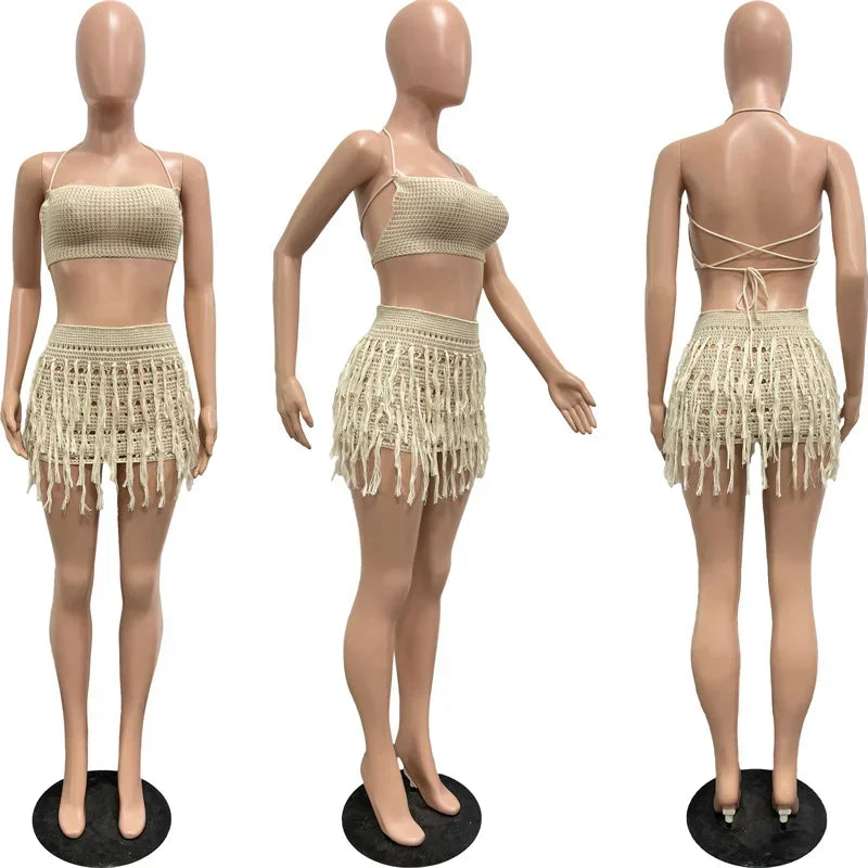 Crochet Knitted Tassel Co Ord Set Women 2 Piece Set Beachwear Lace-up Backless Crop Top and Mini Skirt Sets Club Holiday Outfits