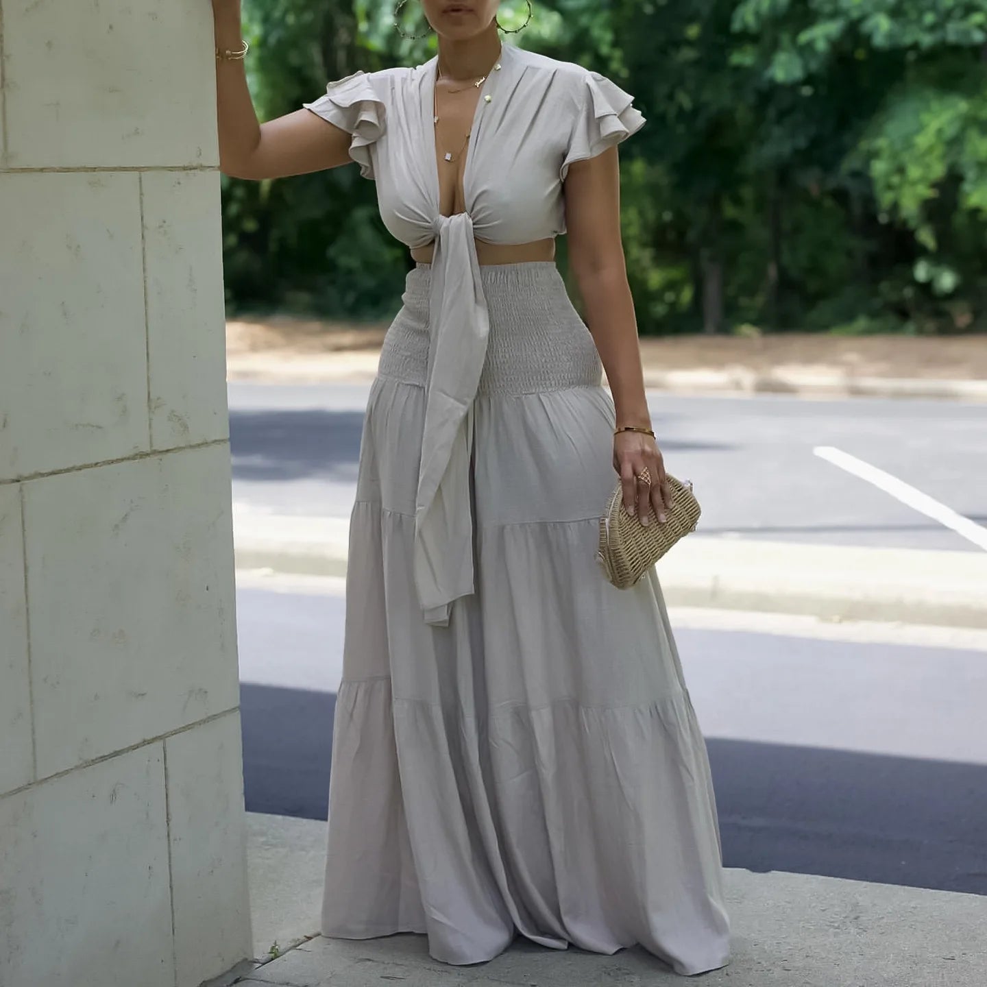 Women 2 Pieces Skirts Sets Solid Blouse Short Sleeve Deep V Neck & Long SKirts Loose Floor Length Elegant Birthday Party Clothes