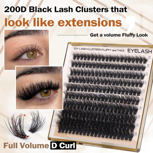 200pcs Individual Lashes 10-18mm 200D Fluffy Thick Lashes Natural Look Mixed DIY Eyelash Extension Volume Lash Clusters Makeup