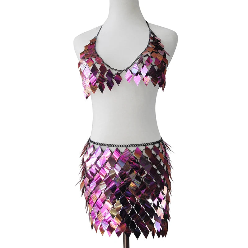 FestivalQueen Women's Sequined Crop Top and Mini Skirt Set Handcrafted Patchwork Party Outfits Clubwear Sexy 2 Pcs