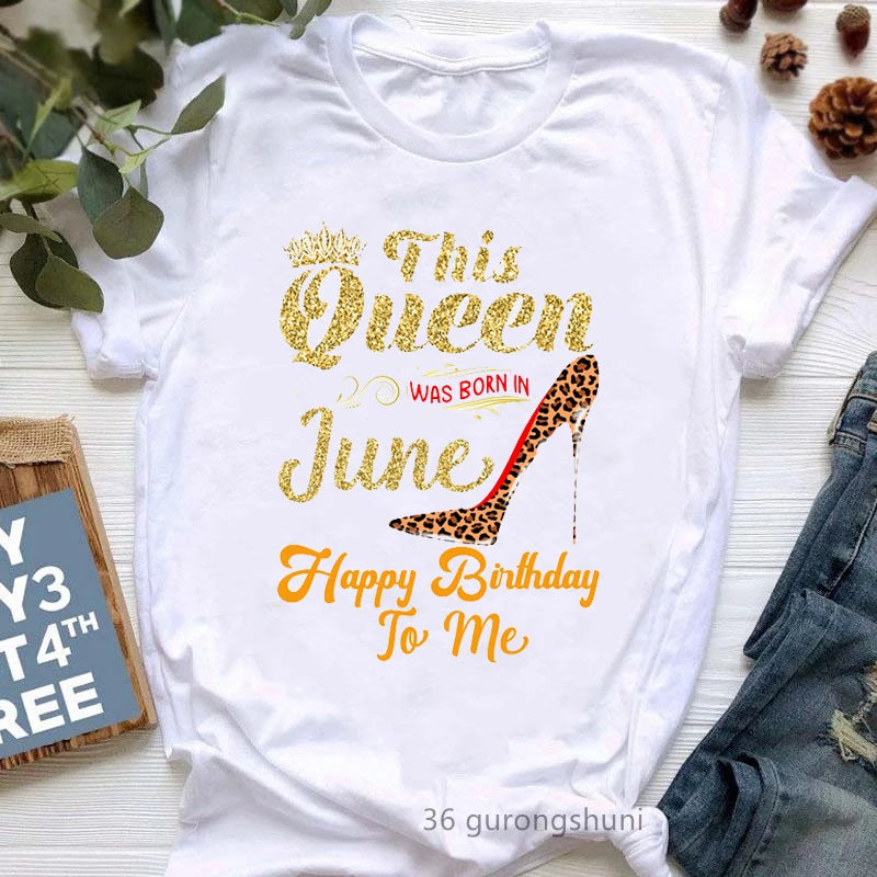 This Queen Was Born In October Graphic Print T Shirt Girls Leopard Shoe Happy Birthday Tshirt Women Harajuku Shirt Streetwear