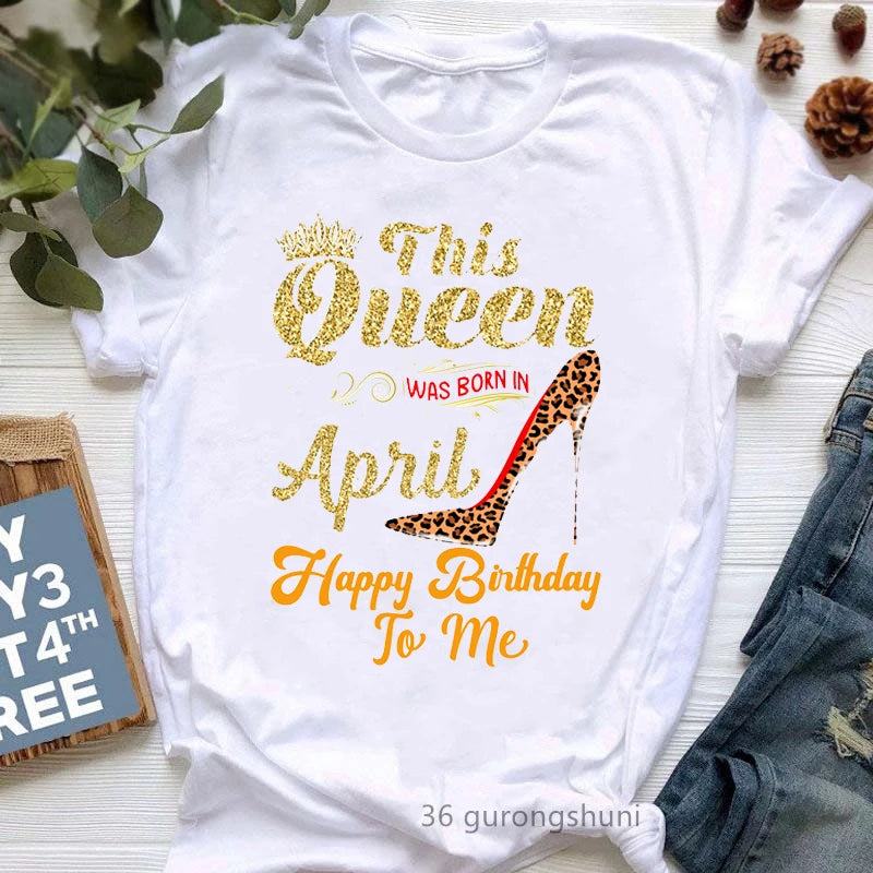 This Queen Was Born In October Graphic Print T Shirt Girls Leopard Shoe Happy Birthday Tshirt Women Harajuku Shirt Streetwear