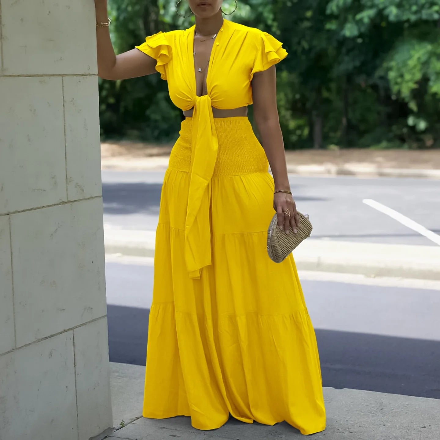 Women 2 Pieces Skirts Sets Solid Blouse Short Sleeve Deep V Neck & Long SKirts Loose Floor Length Elegant Birthday Party Clothes