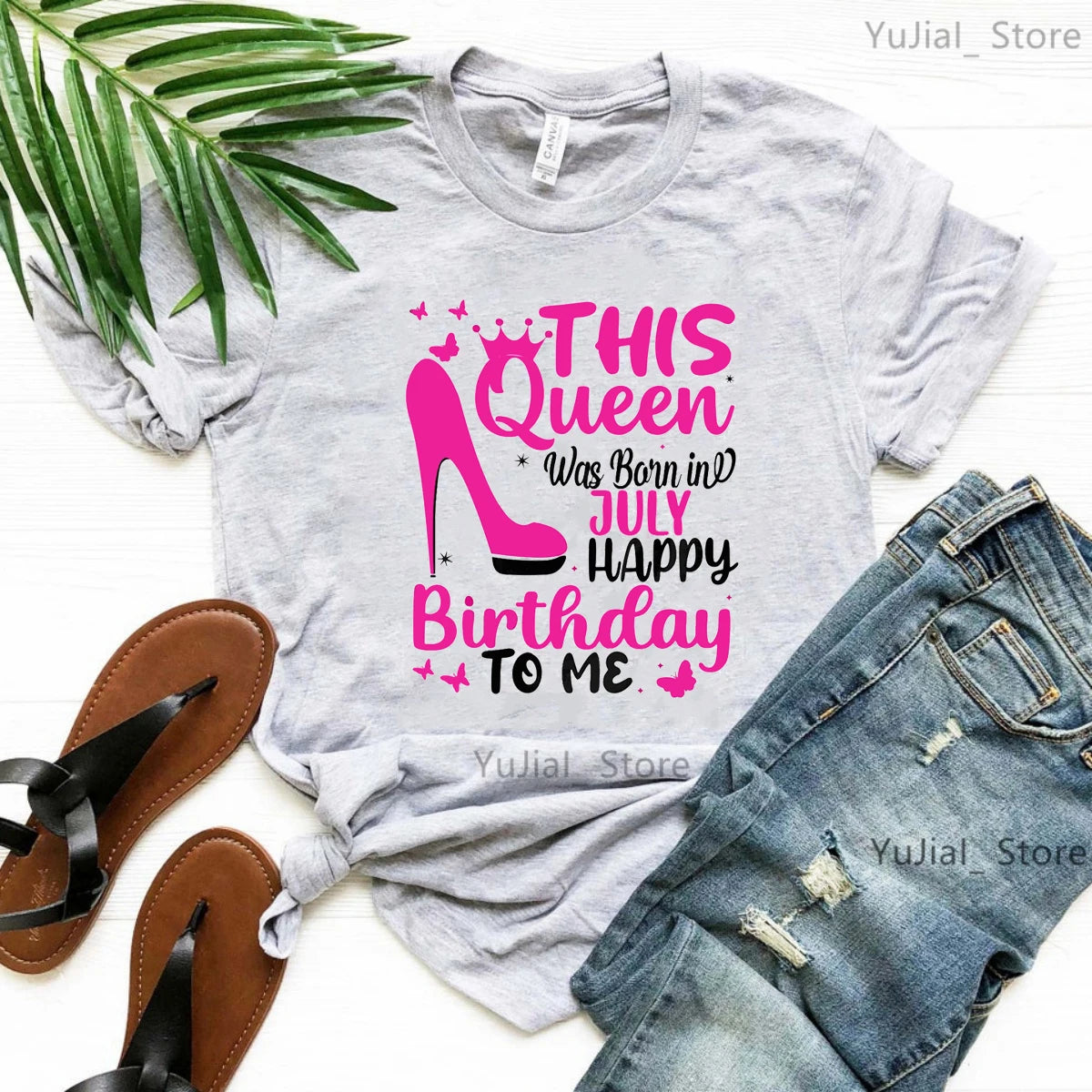 This Queen Was Born In July Happy Birthday To Me Print T Shirt Women Crown Butterfly High Shoes Tshirt Femme Summer Tops Tee
